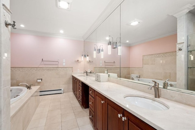 full bathroom featuring crown molding, a sink, baseboard heating, and double vanity