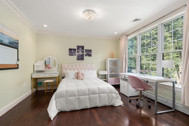 bedroom featuring crown molding, recessed lighting, visible vents, wood finished floors, and baseboards