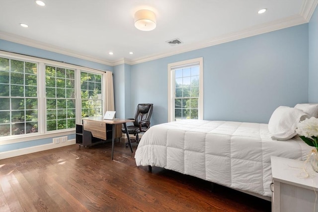 bedroom featuring recessed lighting, visible vents, wood finished floors, and ornamental molding