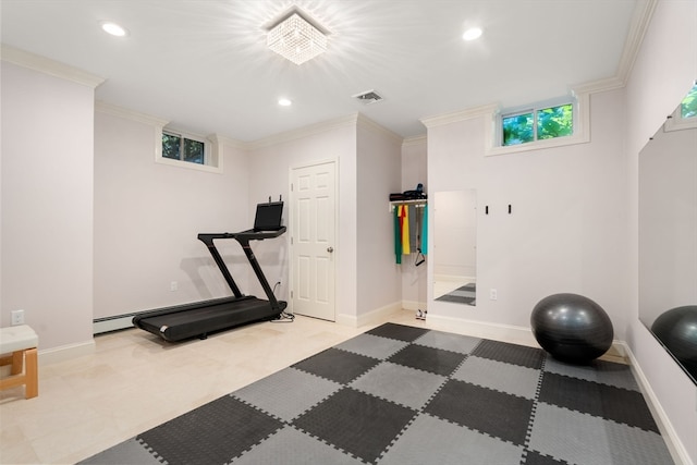 workout area featuring tile patterned flooring and ornamental molding