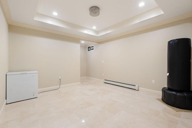 below grade area with recessed lighting, refrigerator, baseboards, ornamental molding, and baseboard heating