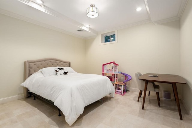 bedroom featuring recessed lighting, crown molding, and baseboards