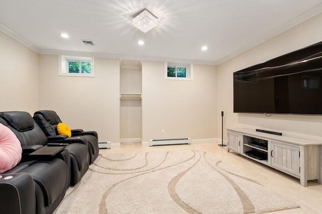 living area with a baseboard heating unit, recessed lighting, visible vents, and ornamental molding