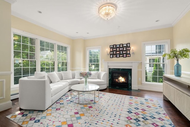 living area featuring ornamental molding, a high end fireplace, a baseboard heating unit, and wood finished floors