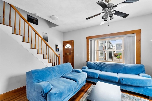 339-341 Norfolk St, Cambridge, MA 02139 - living room featuring wood finished floors, stairs, ceiling fan, and baseboards