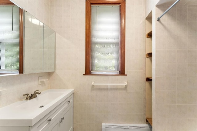 339-341 Norfolk St, Cambridge, MA 02139 - bathroom featuring vanity, tile walls, a tile shower, and radiator