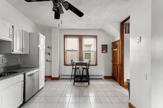 339-341 Norfolk St, Cambridge, MA 02139 - kitchen with dishwasher, a baseboard radiator, ceiling fan, backsplash, and white cabinets