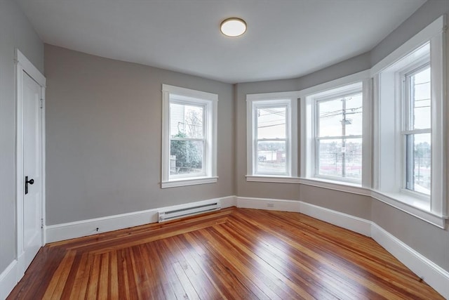 unfurnished room with hardwood / wood-style flooring and baseboard heating