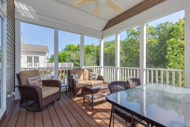 15 Herrick Dr Unit 15, Methuen, MA 01844 - sunroom / solarium featuring a ceiling fan, lofted ceiling, an outdoor hangout area, outdoor dining space, and view of scattered trees