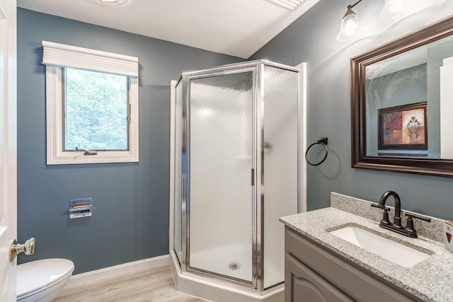 35 Dejordy Ln, Chicopee, MA 01020 - bathroom featuring a stall shower, vanity, toilet, wood finished floors, and baseboards
