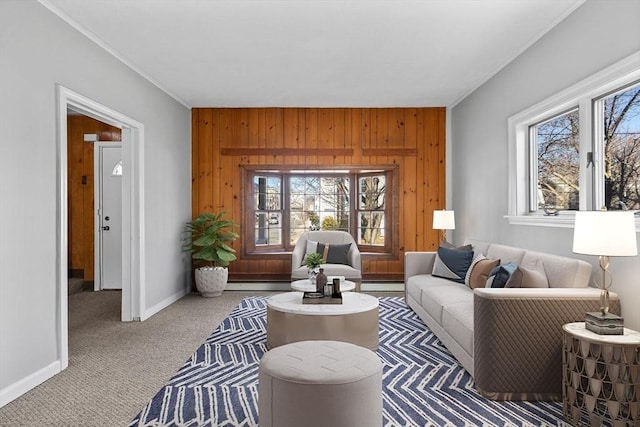 carpeted living area with a baseboard radiator, baseboards, wood walls, and crown molding