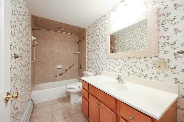 full bath with wallpapered walls, a baseboard heating unit, vanity, toilet, and tile patterned flooring