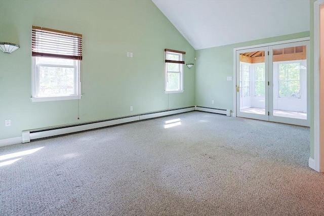unfurnished room with high vaulted ceiling, carpet, baseboard heating, and baseboards
