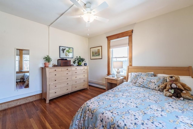 bedroom with a ceiling fan, dark wood finished floors, and baseboard heating