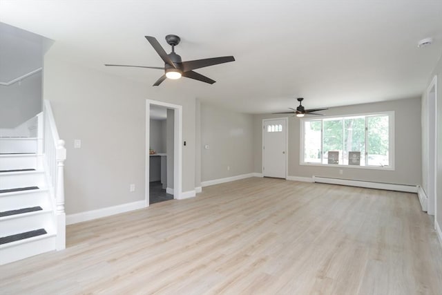 7 Dewey Ave, East Longmeadow, MA 01028 - unfurnished living room featuring ceiling fan, a baseboard heating unit, light wood-style floors, and stairway