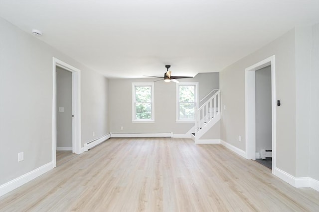 7 Dewey Ave, East Longmeadow, MA 01028 - empty room with a baseboard heating unit, ceiling fan, stairway, light wood-style flooring, and baseboard heating