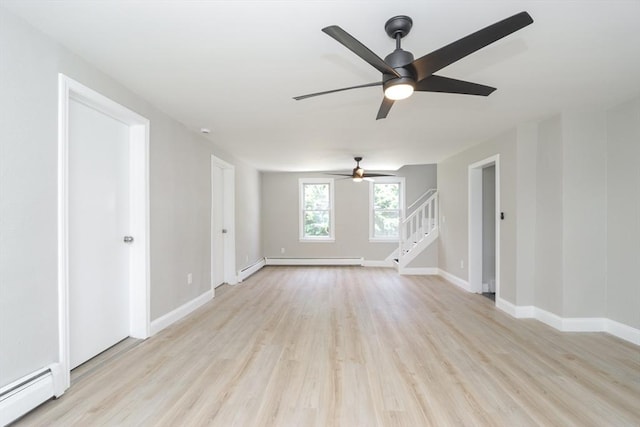 7 Dewey Ave, East Longmeadow, MA 01028 - spare room featuring a baseboard heating unit, stairway, light wood-style floors, and a ceiling fan