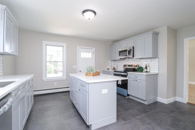 7 Dewey Ave, East Longmeadow, MA 01028 - kitchen featuring stainless steel appliances, a baseboard heating unit, tasteful backsplash, and light countertops