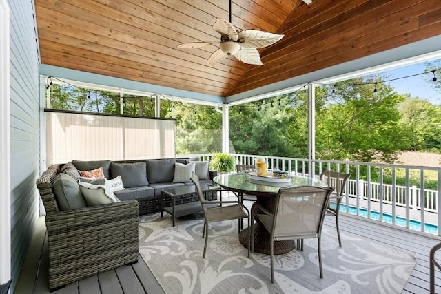 51 Lilah Ln, Reading, MA 01867 - deck with an outdoor hangout area, a ceiling fan, and outdoor dining space