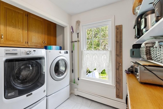 51 Lilah Ln, Reading, MA 01867 - washroom featuring a baseboard heating unit, cabinet space, and washing machine and clothes dryer