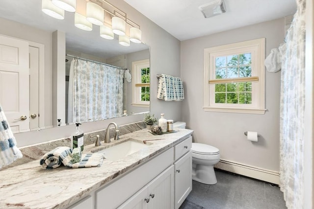 51 Lilah Ln, Reading, MA 01867 - bathroom with a baseboard heating unit, vanity, toilet, and a shower with curtain