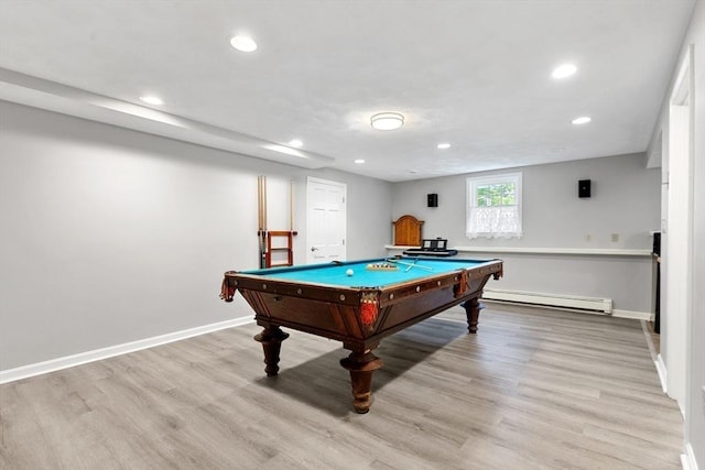 51 Lilah Ln, Reading, MA 01867 - game room with a baseboard heating unit, light wood finished floors, recessed lighting, billiards table, and baseboards