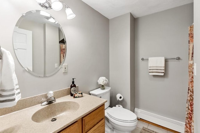 51 Lilah Ln, Reading, MA 01867 - full bath with baseboard heating, toilet, vanity, a shower with shower curtain, and tile patterned floors