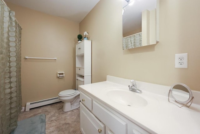 4 Colonial Rd, Webster, MA 01570 - bathroom with a baseboard heating unit, vanity, tile patterned flooring, and curtained shower