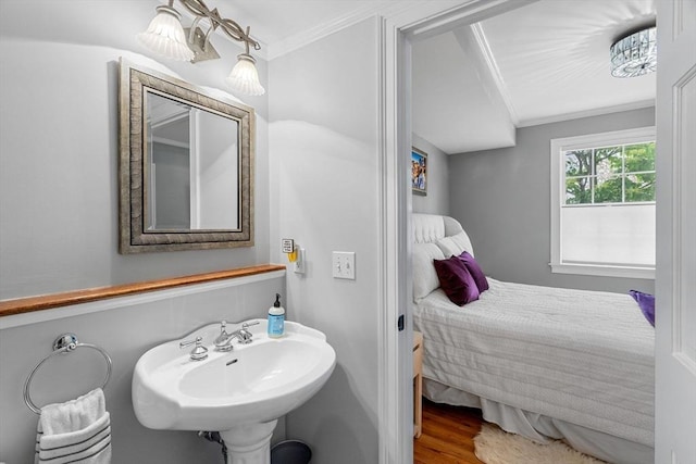 37-1/2 Federal St, Newburyport, MA 01950 - bathroom with ornamental molding, a sink, and wood finished floors