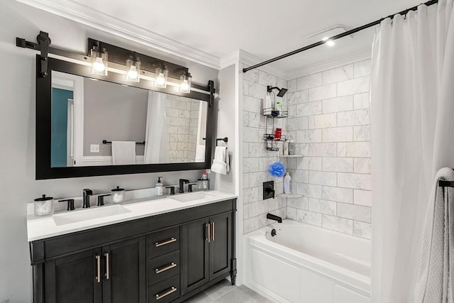 37-1/2 Federal St, Newburyport, MA 01950 - full bathroom featuring shower / bathtub combination with curtain, double vanity, crown molding, and tile patterned floors