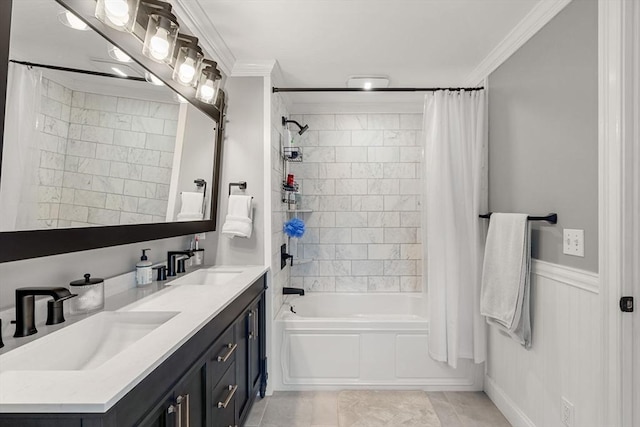 37-1/2 Federal St, Newburyport, MA 01950 - full bathroom with double vanity, shower / bathtub combination with curtain, crown molding, tile patterned flooring, and a wainscoted wall