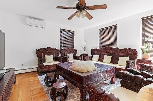 21 Parker St, Boston, MA 02129 - living area with an AC wall unit, a baseboard radiator, and a ceiling fan
