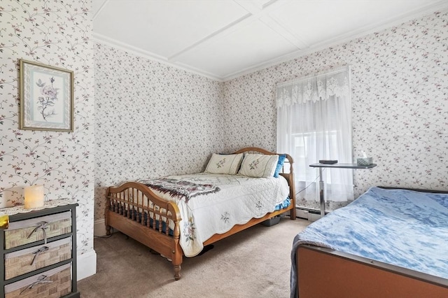 bedroom with wallpapered walls, coffered ceiling, crown molding, and carpet floors