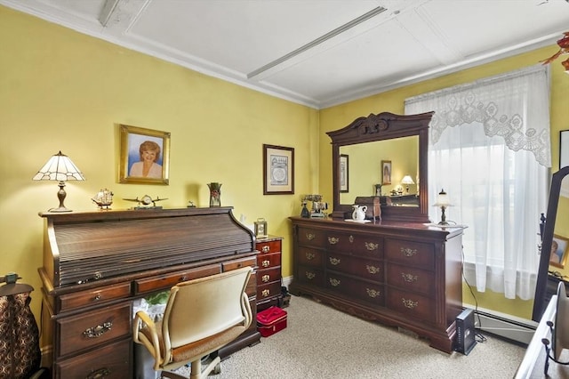 carpeted home office featuring attic access and baseboards
