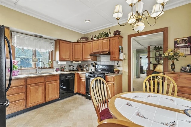 kitchen featuring a sink, light countertops, black appliances, ornamental molding, and backsplash