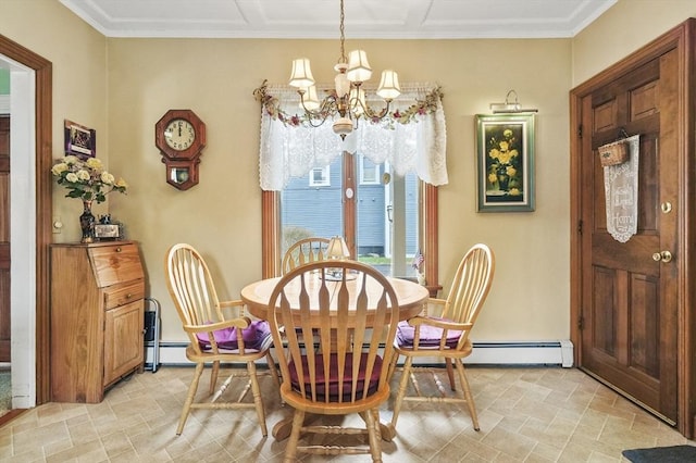 dining area featuring an inviting chandelier, crown molding, and baseboards