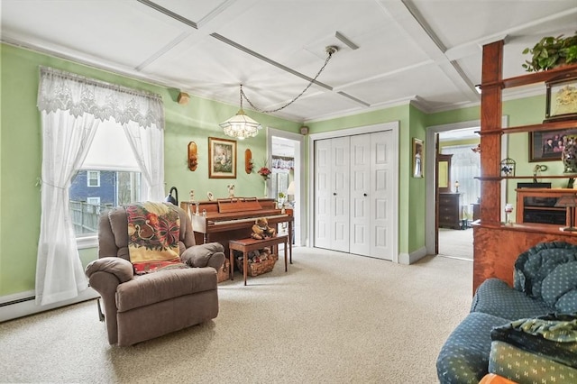 living room with baseboards, coffered ceiling, crown molding, and carpet flooring