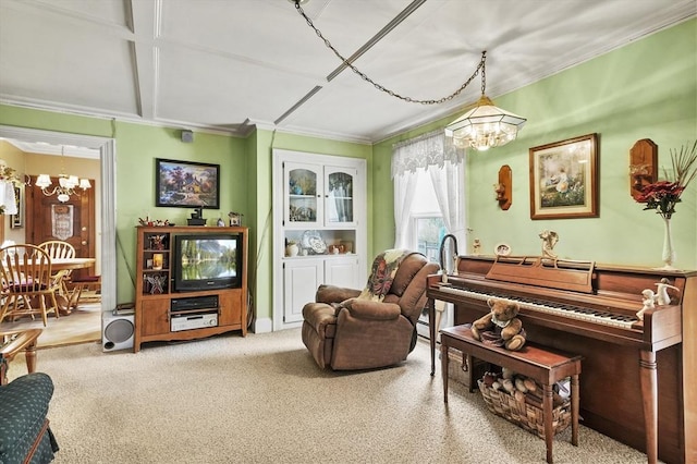 interior space with a chandelier, ornamental molding, and coffered ceiling