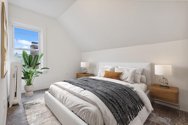 bedroom featuring carpet flooring, a baseboard radiator, and lofted ceiling