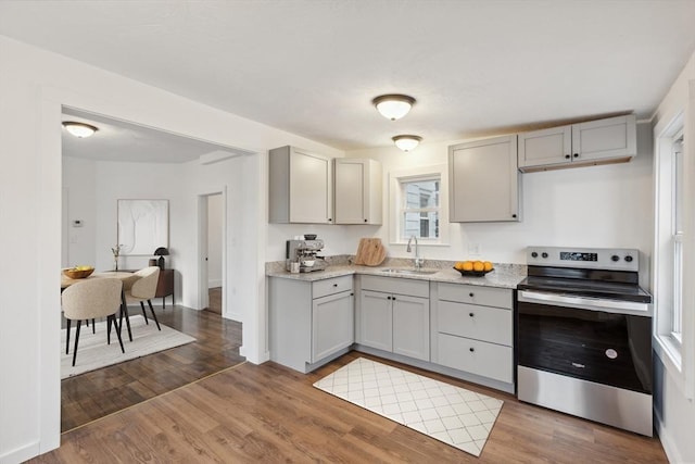 kitchen with electric stove, sink, gray cabinets, and dark hardwood / wood-style flooring