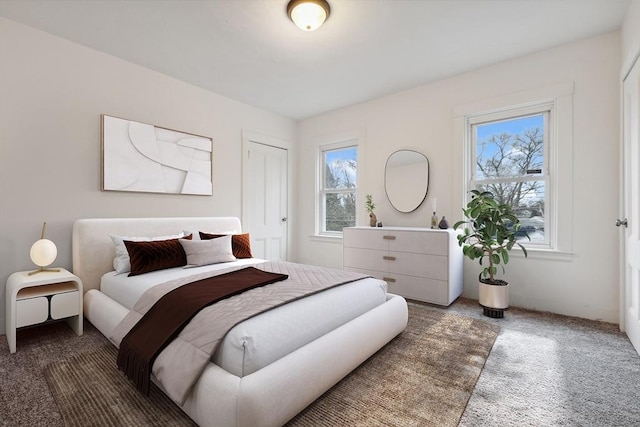 carpeted bedroom with multiple windows