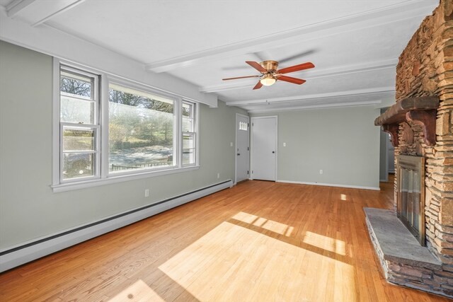 unfurnished living room featuring hardwood / wood-style floors, beam ceiling, a stone fireplace, and a baseboard radiator