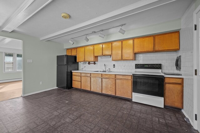 kitchen featuring backsplash, white range with electric cooktop, black refrigerator, sink, and beamed ceiling