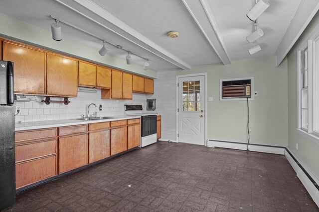 kitchen featuring backsplash, black refrigerator, sink, beamed ceiling, and white electric range oven