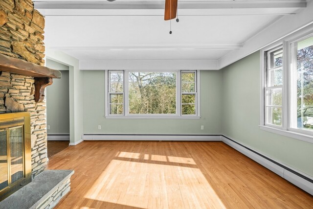 unfurnished sunroom featuring a healthy amount of sunlight, baseboard heating, and a fireplace