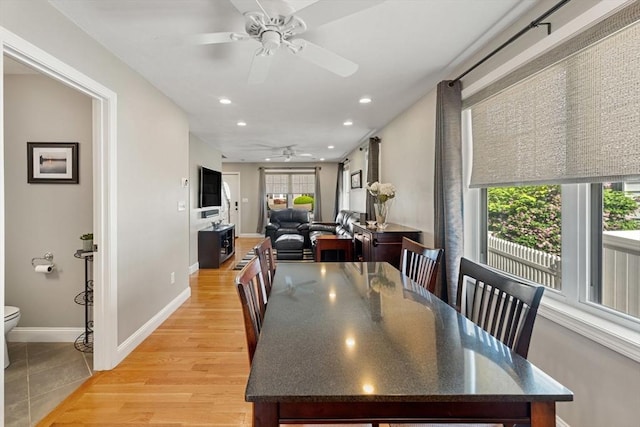 63 Prospect St Unit 2, Woburn, MA 01801 - dining area featuring ceiling fan, recessed lighting, baseboards, and light wood finished floors