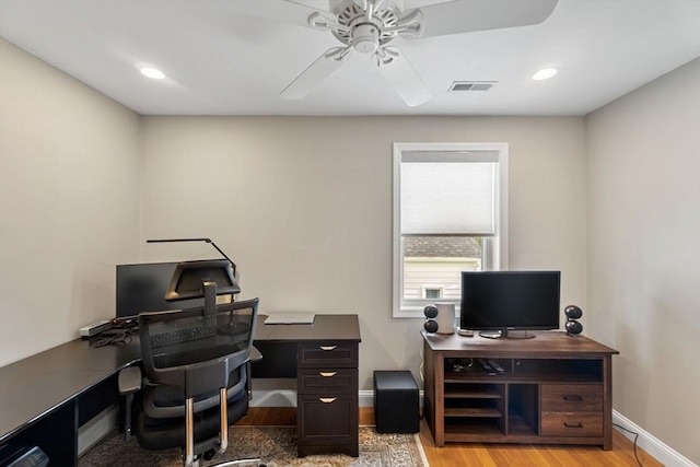 63 Prospect St Unit 2, Woburn, MA 01801 - home office with light wood-style floors, a ceiling fan, baseboards, and recessed lighting
