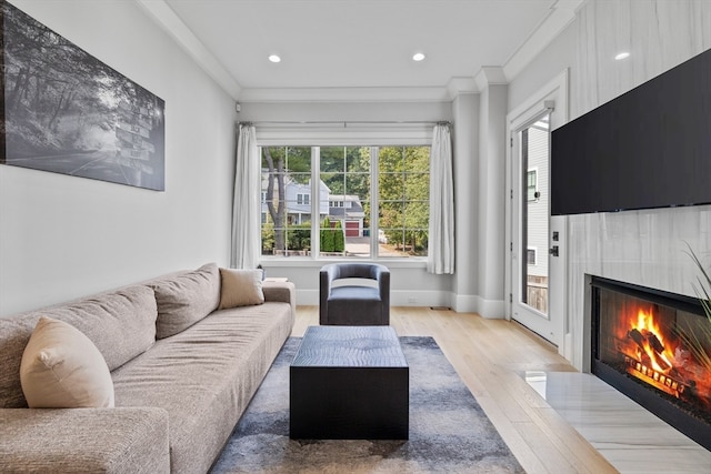 living room with ornamental molding and light wood-type flooring