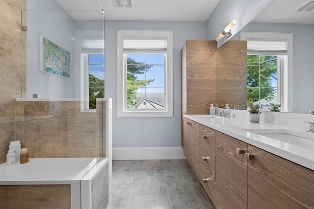 bathroom with vanity, a healthy amount of sunlight, and wood-type flooring