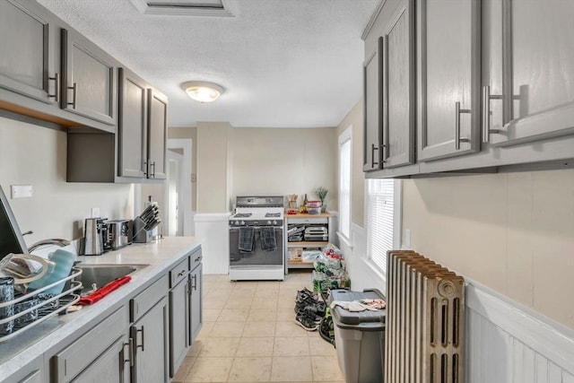 kitchen with gray cabinetry and white stove